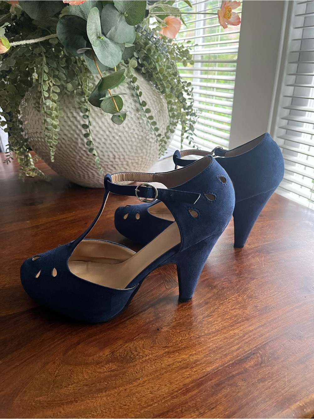 Navy Retro T-Strap Heels - Microsuede - Size 10 - Picture 3 of 6